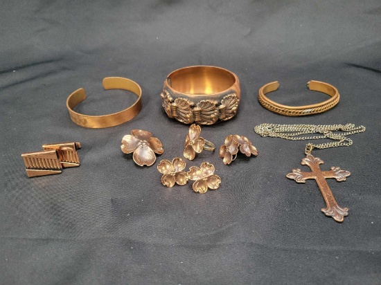 Whiting and Davis and assorted copper cuff bracelets, earrings, cufflinks, ring and necklace