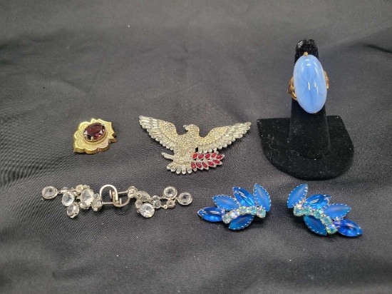 Vintage lot of costume jewelry, rhinestone eagle, Victorian pieces, earrings