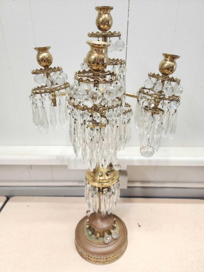 Very elaborate antique brass & crystal 5 arm candlestick