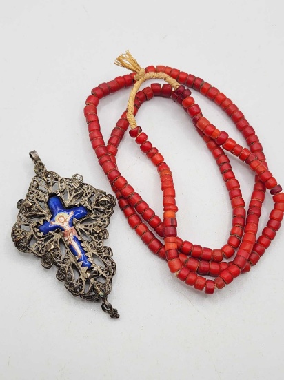 Early enamel cross pendant & trade beads