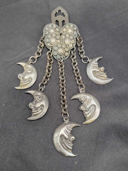 Early silver tone chatelaine with moon charms
