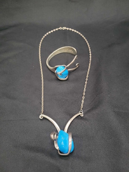 Hand made turquoise fork art necklace and matching cuff bracelet