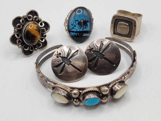 Vintage sterling silver jewelry: cuff, rings, dragonfly earrings
