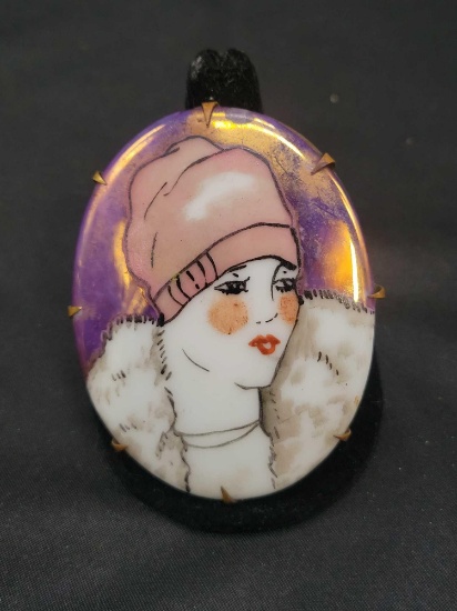Early hand painted 1920s style woman brooch