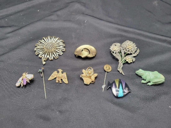 Trifari, Sarah and assorted brooches, stick pins, rhinestone piece