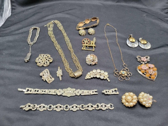 Group of vintage rhinestone and costume jewelry, earring, bracelets and necklaces