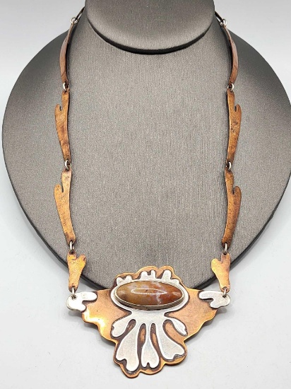 Vintage copper sterling & agate pendant necklace