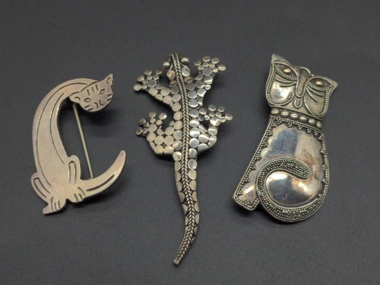 (3) Sterling Silver Pins Cats & Lizard