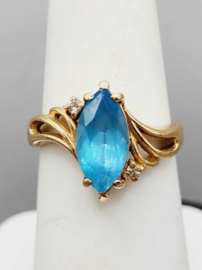 14k gold marquise blue topaz ring, size 6