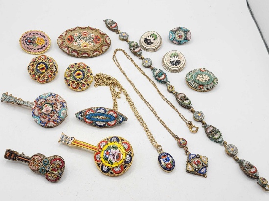 Lot of vintage Italian mosaic pins, earrings, necklace