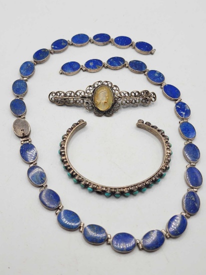 Sterling repair lot: lapis necklace, turquoise cuff