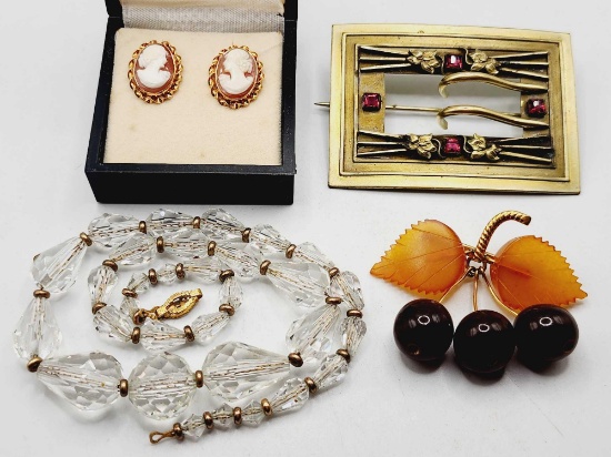 Cameo earrings, amber pin, sash pin, crystal beads