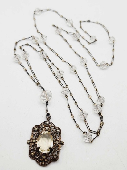 Antique 1920s sterling silver & crystal drop pendant necklace