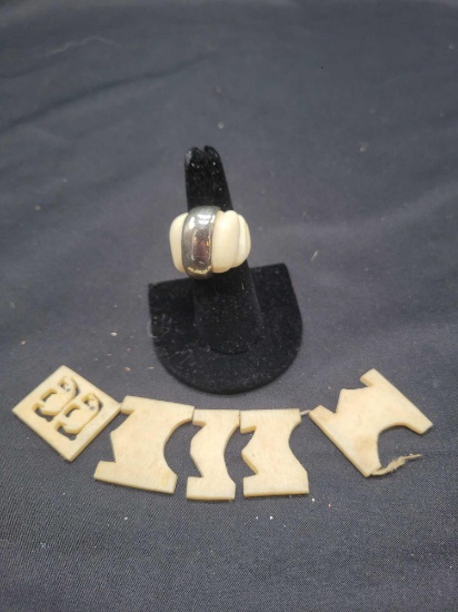 Bone carved ring and jewelry, unmarked sterling on ring