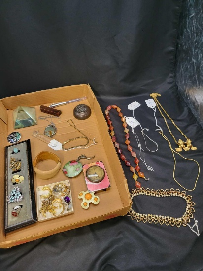 Sterling necklaces, antique enameled dresser top clock, rhinestones, costume jewelry
