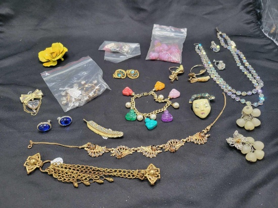 Vintage costume jewelry, rhinestones, Buddha bracelet, Miriam Haskell necklace needs repairs