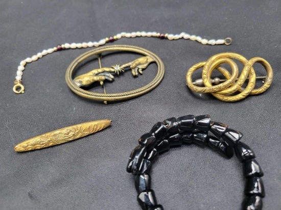 Freshwater pearl style bracelet, gold tone brooches, unusual snake bracelet