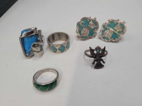 Turquoise silver and unmarked jewelry, earrings and rings