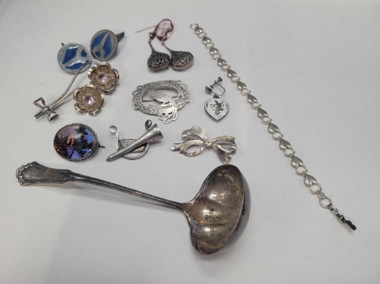 Group of sterling jewelry and spoon, earrings, bracelet