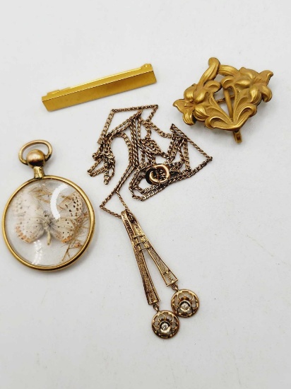 Antique gold jewelry, diamond lavaliere, pins, pendant