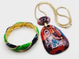 Vintage 1970s enamel costume jewelry: Robert bracelet & Eisenberg pendant