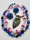 Vintage glass beaded necklaces, earrings & pin