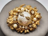 Vintage Miriam Haskell brass & faux pearl pin
