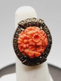 Art Deco coral glass sterling silver ring, size 3