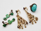 Vintage rhinestone earrings, scarab ring