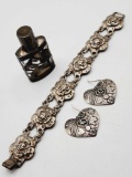 Vintage sterling bracelet, earrings & perfume bottle
