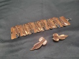 Vintage Renoir copper leaf themed bracelet and earring set