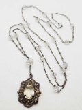 Antique 1920s sterling silver & crystal drop pendant necklace