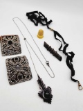 Antique Victorian jewelry lot: necklaces, pin, thimble, buckles