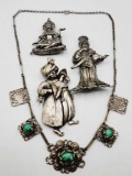 Vintage costume jewelry, necklace & (3) pins