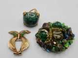 Vintage costume jewelry: beaded pin, Vendome ring, owl pin