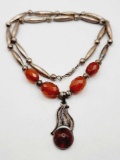 Vintage sterling silver & amber drop beaded necklace
