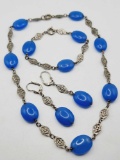 Art Deco 3pc jewelry set: blue glass necklace, bracelet, earrings
