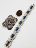 Vintage costume jewelry: Old pin, ring & rhinestone bracelet