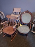 Ornate Cushioned Rocking Chair, Wooden High Top Chair, & Wooden Rocking Chair