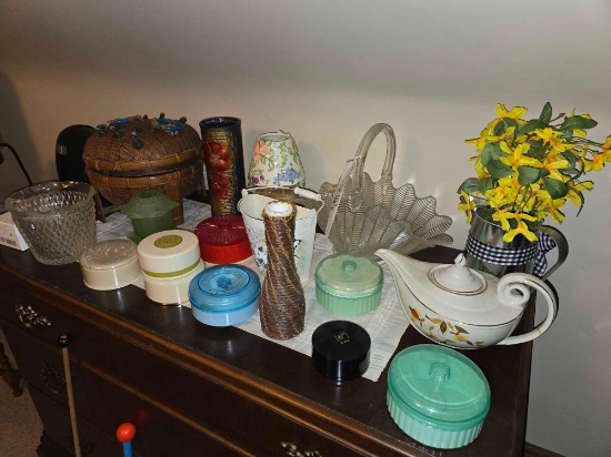 Powder Cases, Hall's Tea Pot, Glassware & Decor