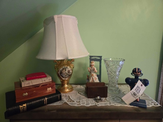 Porcelain Lamp, Pattern Glass Vase, Avon Figuerine