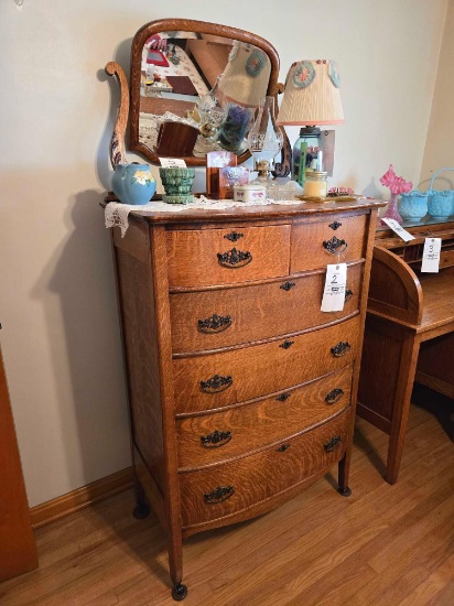 Curved Front Oak Chest of drawers w/ mirror