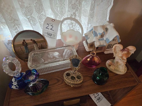 Handpainted Signed Fenton Basket, Perfumes, Freezer Glass, Vases