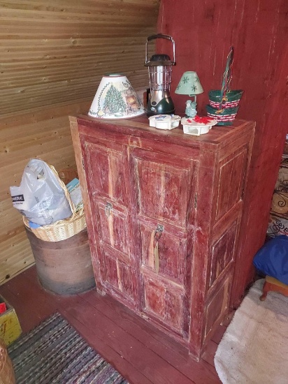 Small Wooden Cabinet & Contents, Round Wooden Container & Contents, & Baskets