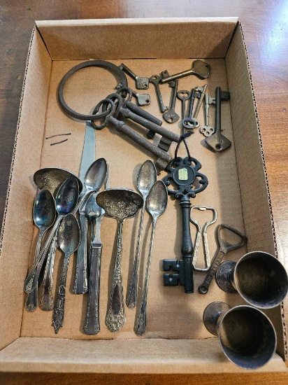 Assortment of Skeleton Keys, Silver Plated Flatware & Goblets