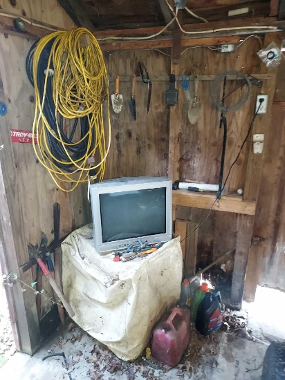 Shed Corner Contents - TV, Electrical Cords, & Hand Tools