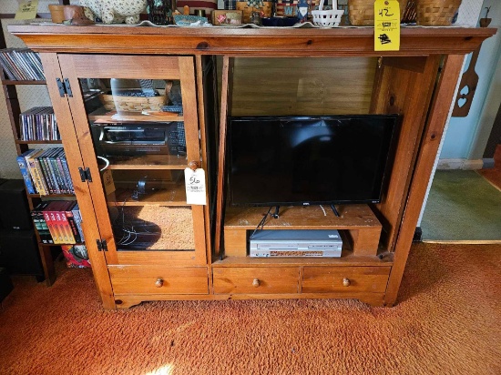 Wooden Entertainment Center & Contents - TV, Stereo System, DVD/VHS Player, & Surround Sound System