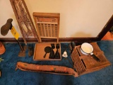 Egg Crate, Sad Irons, Wash Board, Cobblers Stand, Porcelain Pan, Cast Iron Griddle with Base and