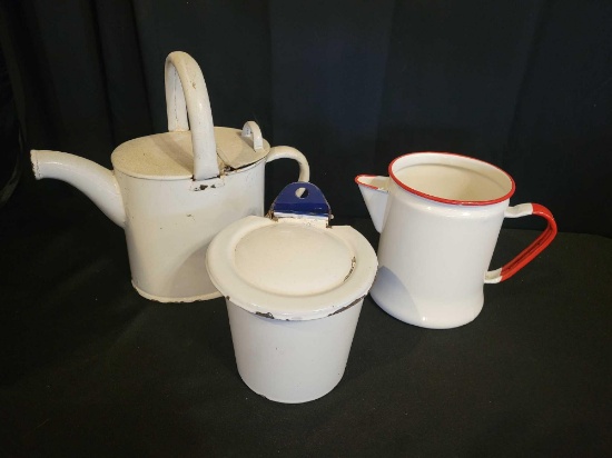 Graniteware pitcher, watering can and lidt top wall mount bucket