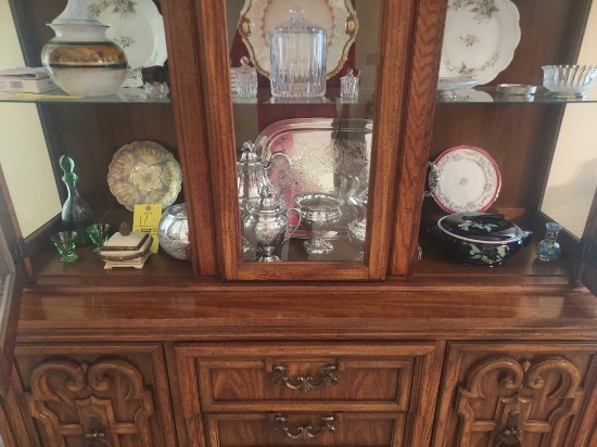 Bottom Shelf of China Cabinet - Silver Plated Tea Set, Glassware, Plates, & more